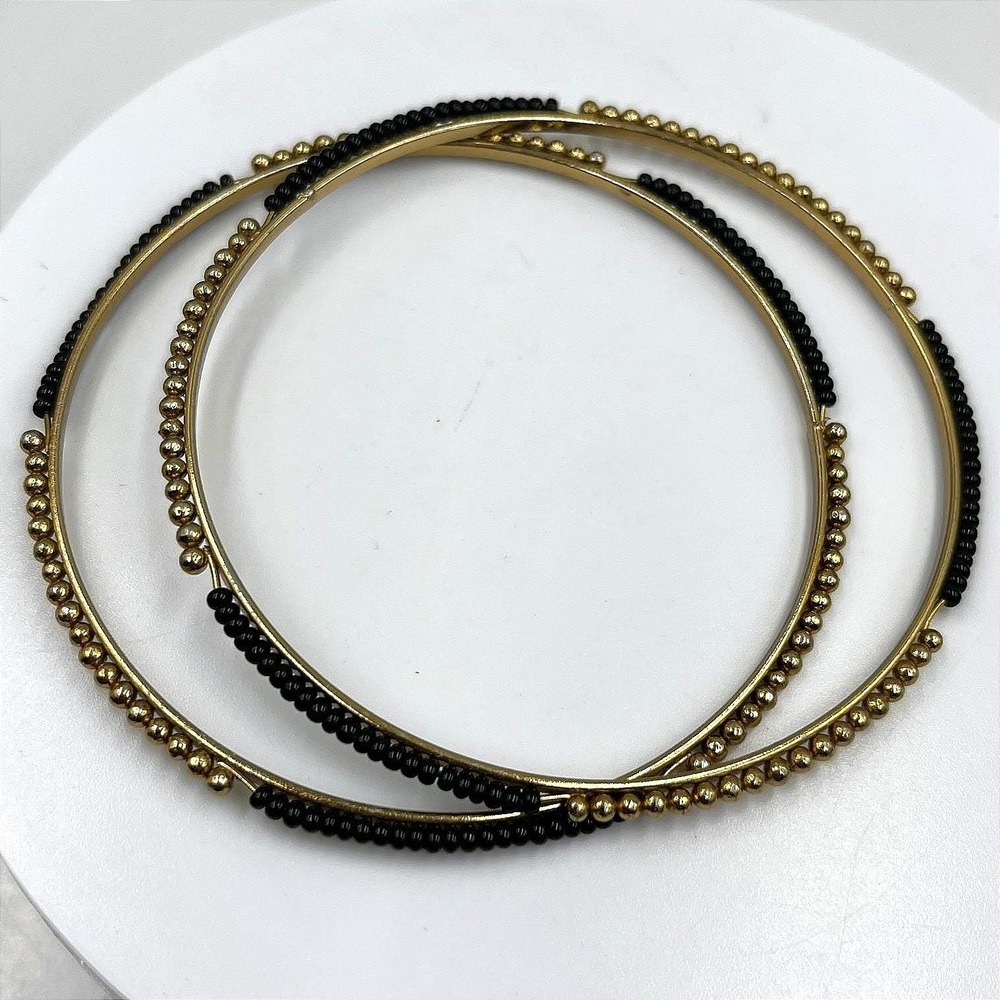 Vintage Set of 2 Gold Tone Bangle Bracelets Black‎ Seed Bead & Gold Ball Detail